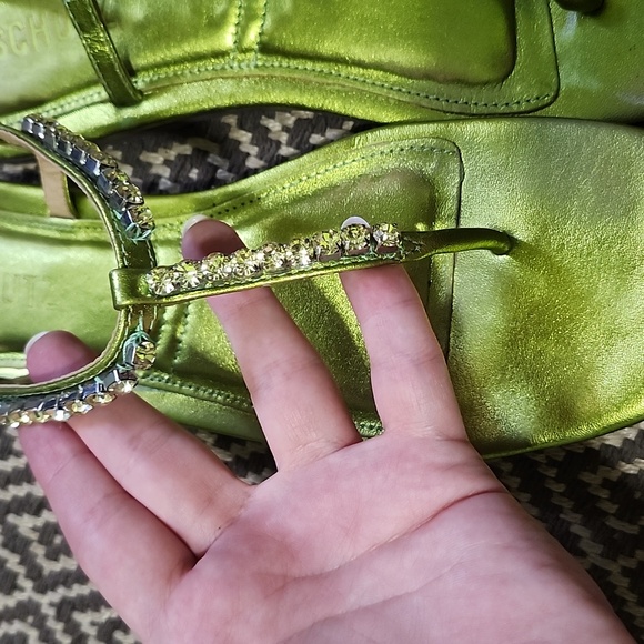 Schutz Poison Green Leather Metallic Bejewled Sandals - Picture 3 of 7